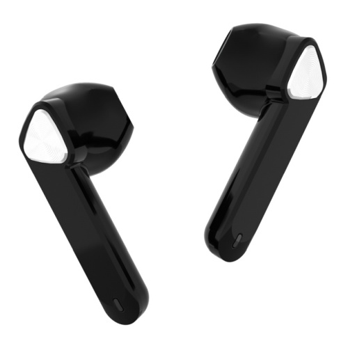 Detailní pohled na bezdrátová Bluetooth sluchátka TESLA Sound EB20 Black Raven s plochým designem a lesklým povrchem.